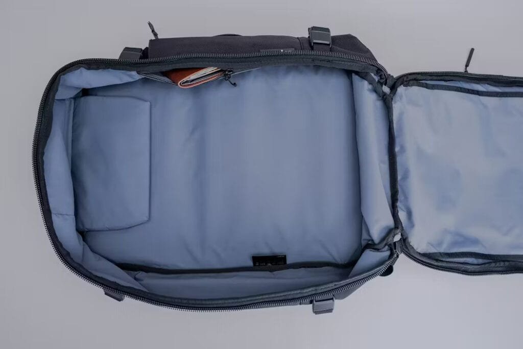 Best travel backpack Aer Travel Pack 3 empty view showcasing clamshell design and spacious compartments.