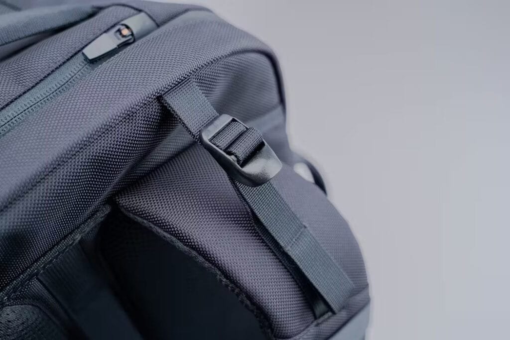 Best travel backpack Aer Travel Pack 3 close-up featuring durable nylon fabric and adjustable strap.