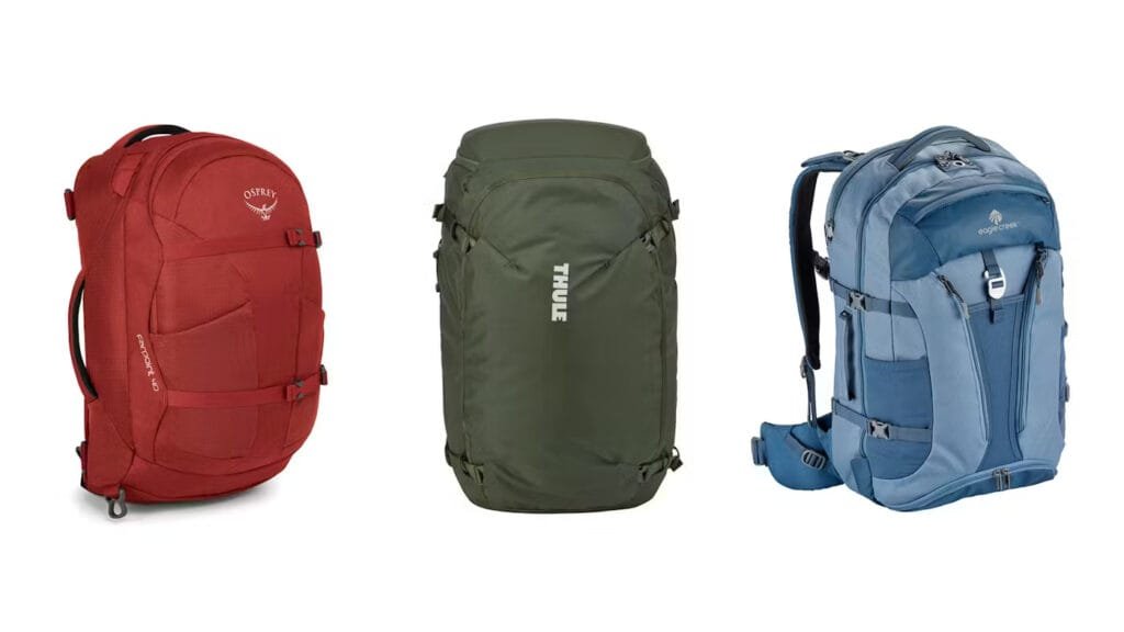Best travel backpack comparison: red Osprey, green Thule, blue urban backpack for versatile use.