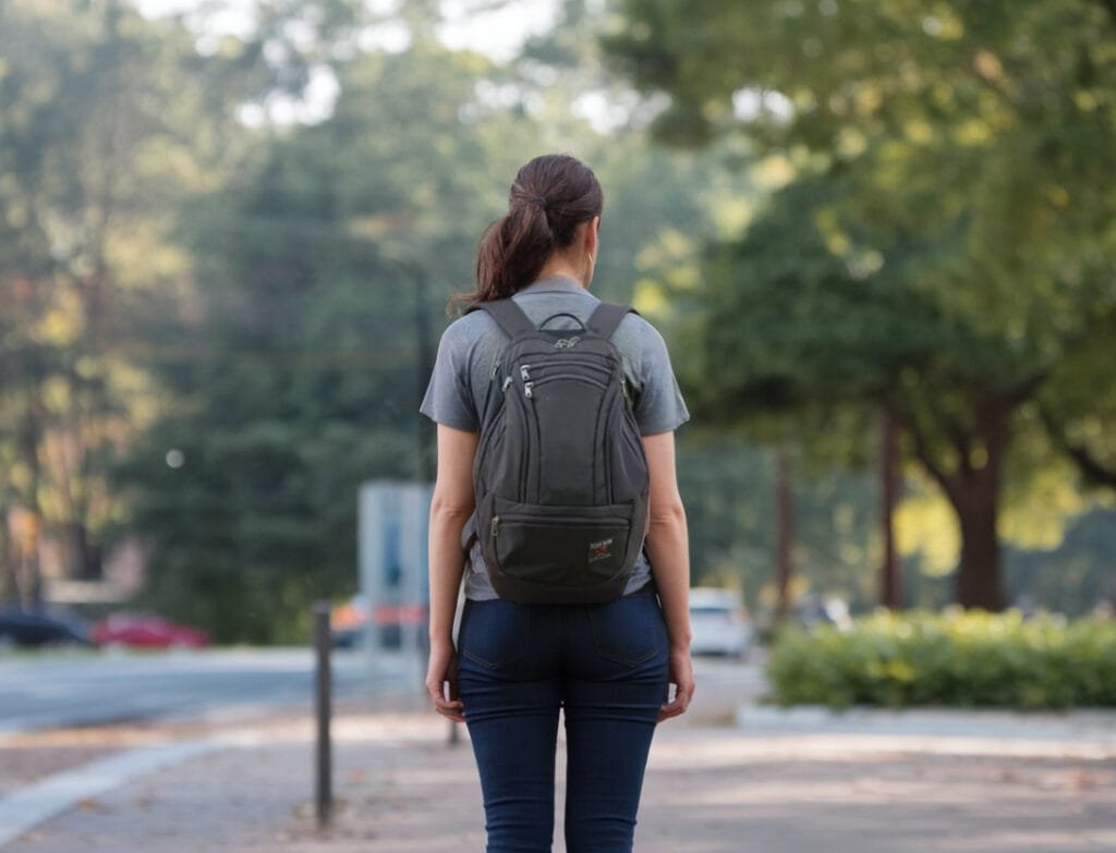 Best travel backpack showcased while walking in serene, tree-lined street carrying Tom Bihn Synik 30.