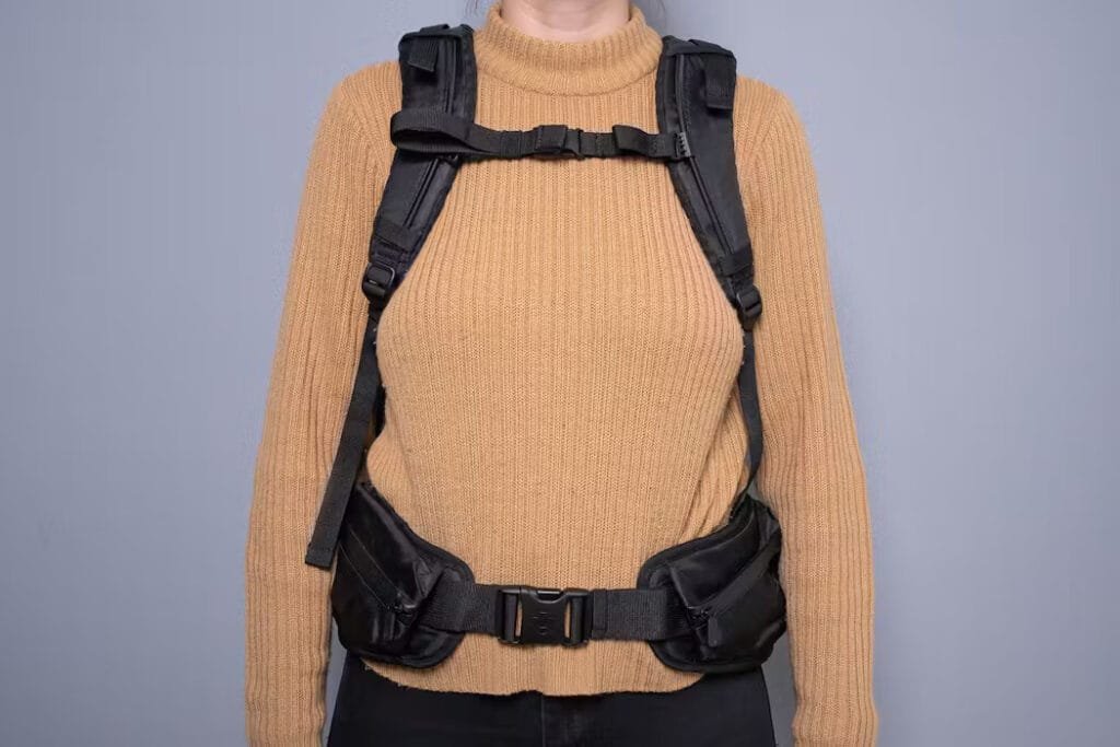 Best travel backpack Tortuga Pro 40L V4 person wearing a utility harness over cozy sweater.