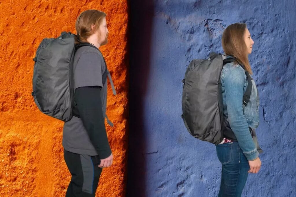 Osprey Farpoint 40 backpack comparison with vibrant orange and calming blue backdrops, highlighting durability.