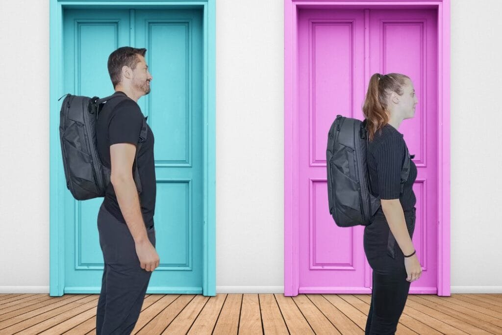 Peak Design Travel Backpack 30L review showcasing sleek black design, worn by individuals before turquoise and pink doors.