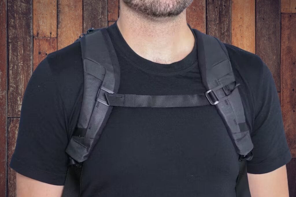 Peak Design Travel Backpack review highlighting comfort features with padded straps and chest strap.